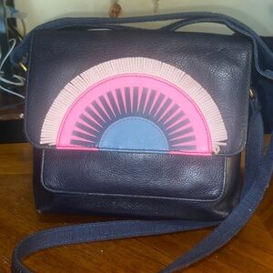 Vintage Fossil Navy Crossbody Bag with Pink and Light Blue Sunburst Accent